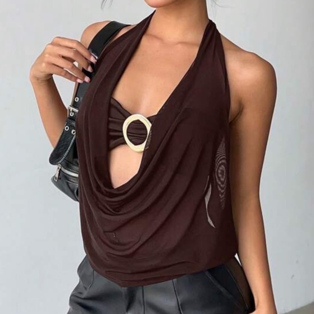 Draped Backless Halter Top with Gold Ring Detail - Brown